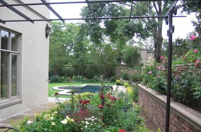 Small Pergola Planted Up With Grapes Alongside A Veggie Garden